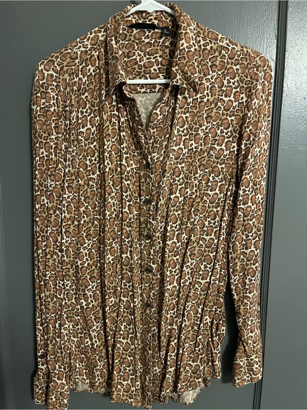 Leopard with Ruth Bader Ginsberg Print Long Sleeve Blouse - Brown